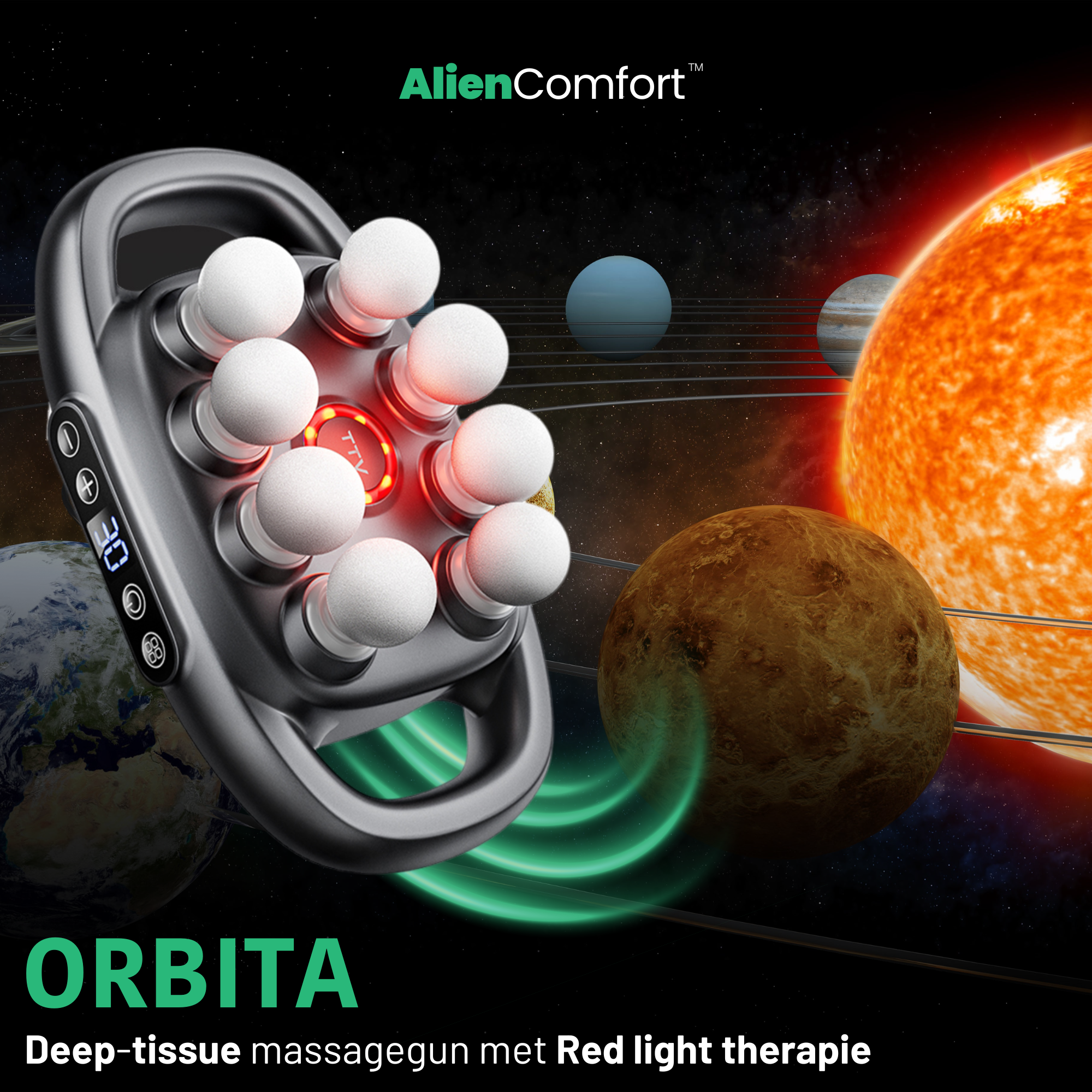 AlienComfort Red-Light Massagegun ORBITA lifestyle gebruik na sport