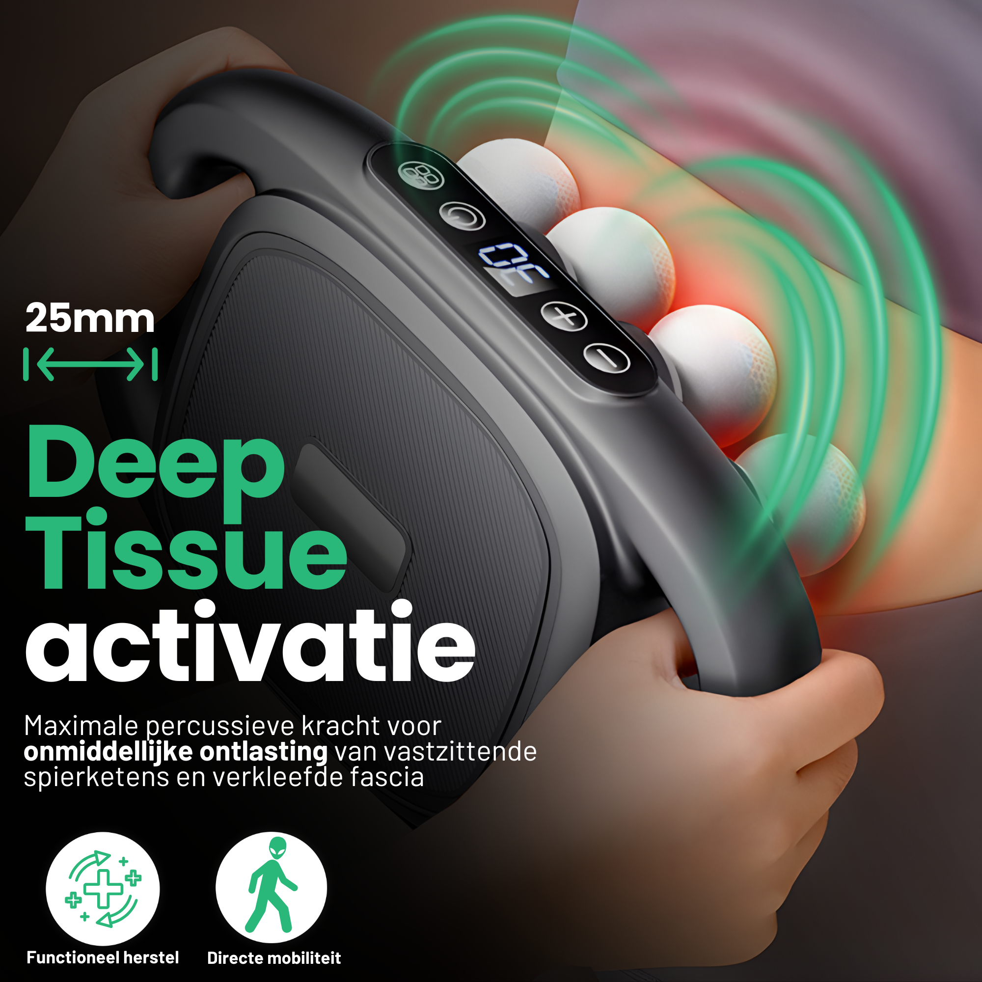 AlienComfort ORBITA massagegun display snelheid en lichtinstellingen