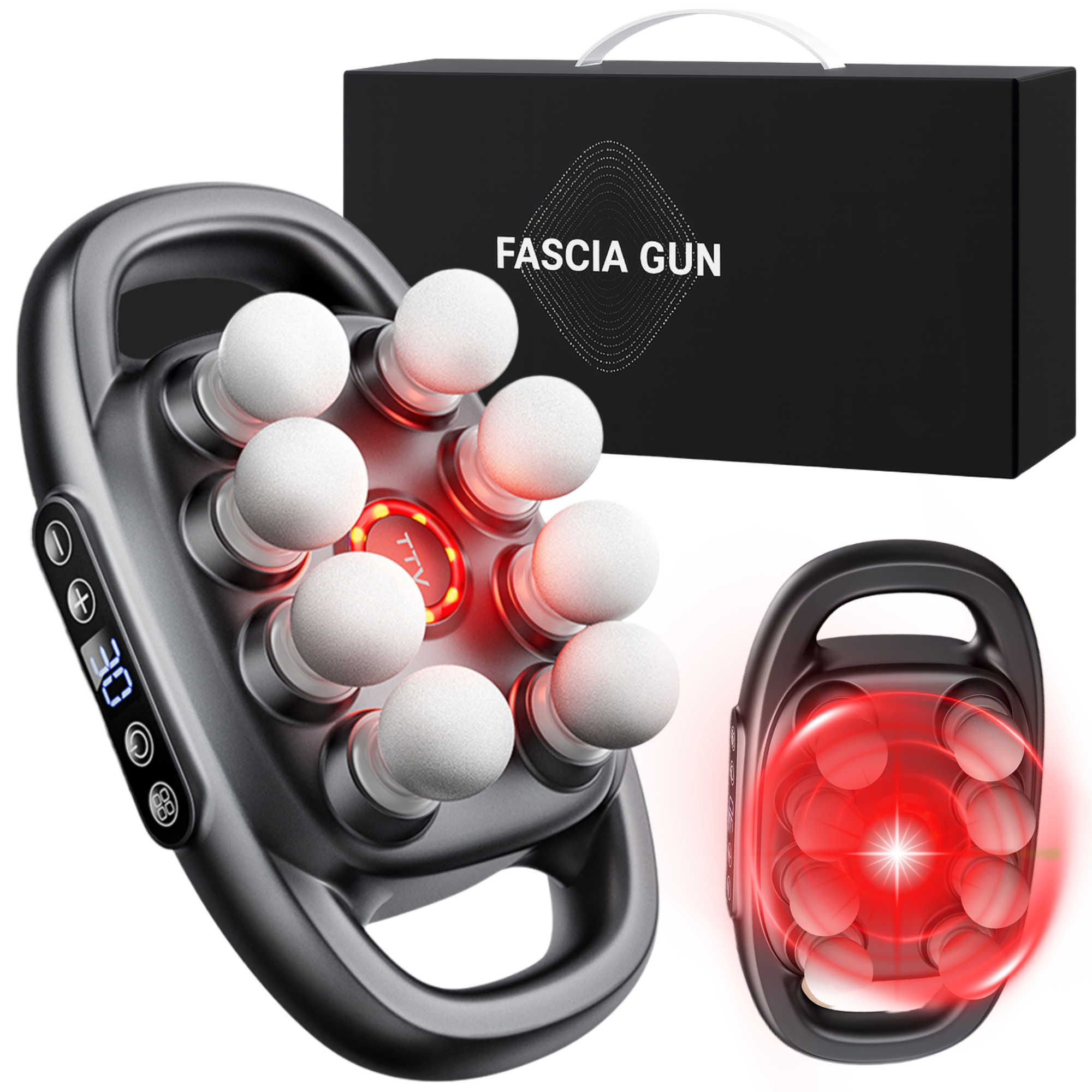 AlienComfort ORBITA massagegun zijaanzicht rode lichttherapie percussie