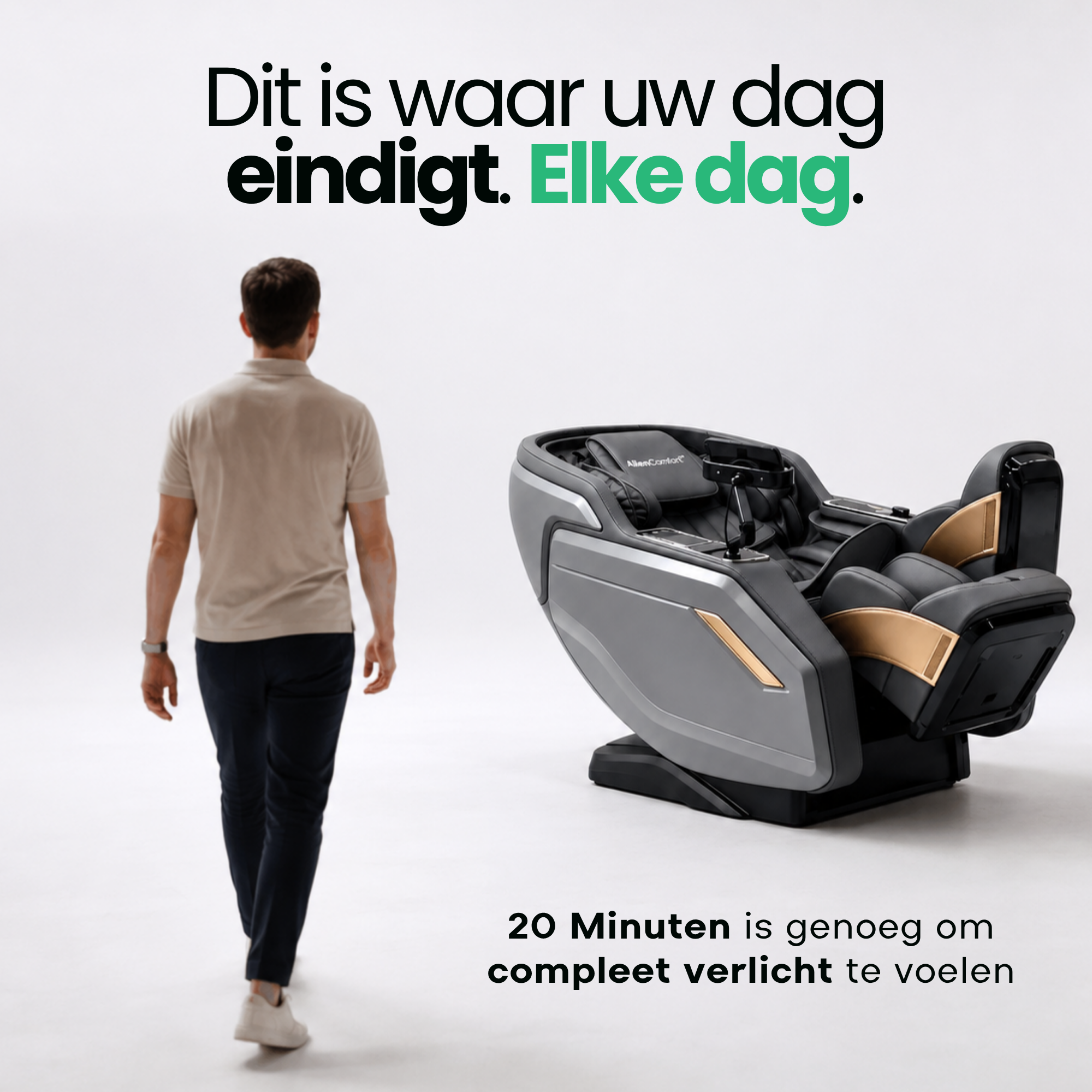 Sfeerbeeld van een man die naar een AlienComfort massagestoel loopt in een lichte ruimte
