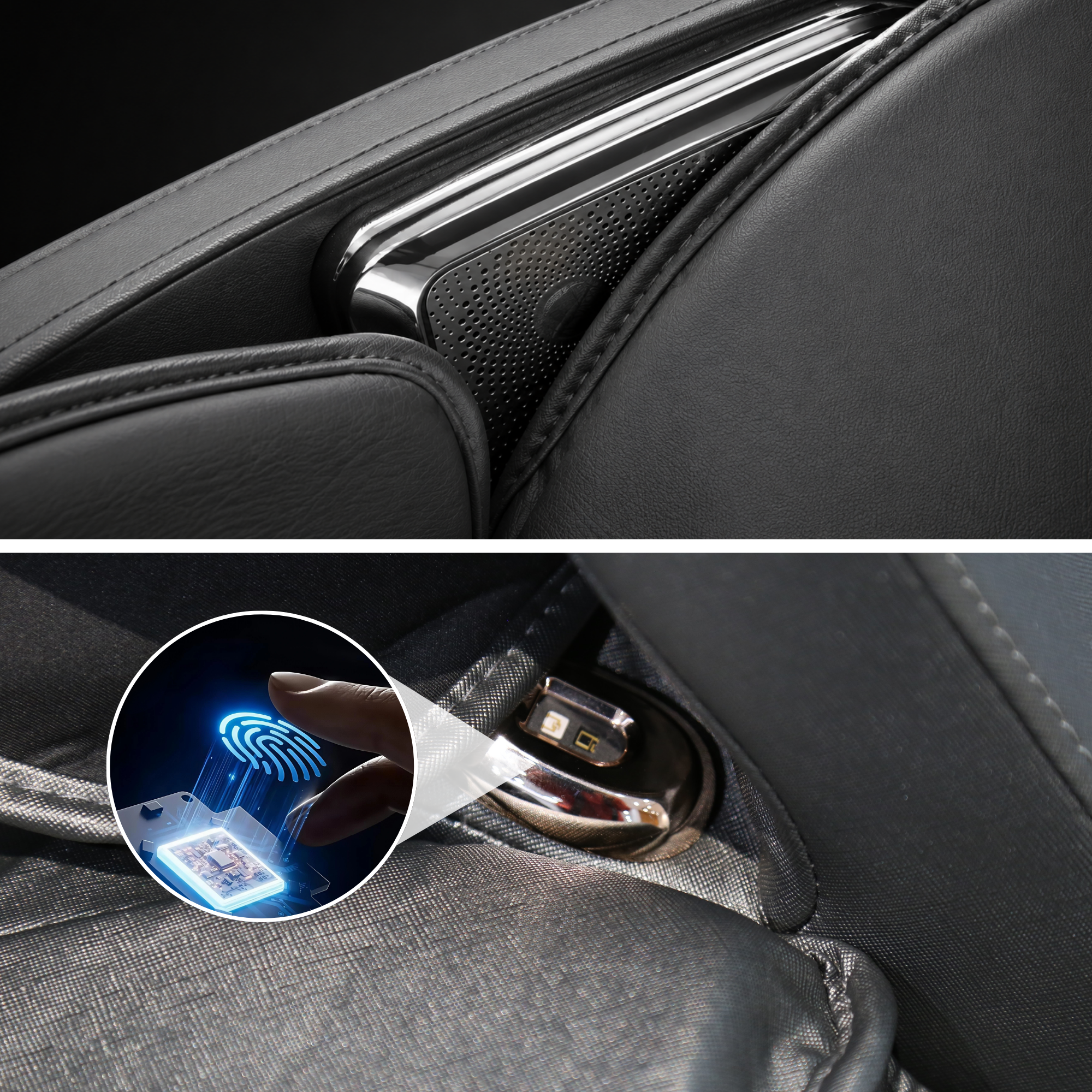 Detailfoto van de ingebouwde speaker en vingerafdruksensor van de PULSAR PRO massagestoel