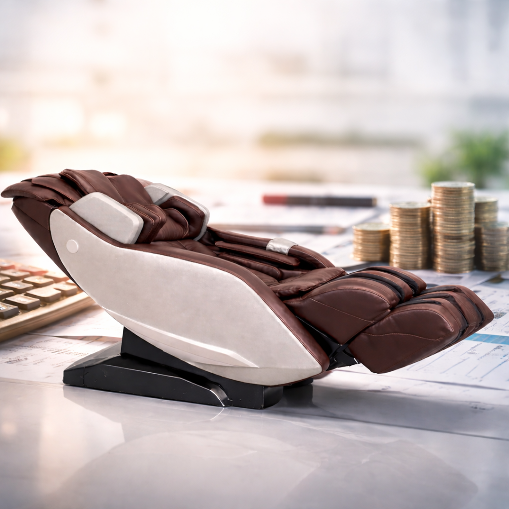 AlienComfort Massagesessel ORION im modernen Wohnzimmer, Symbol für eine Investition in Entspannung und finanzielle Gesundheit.