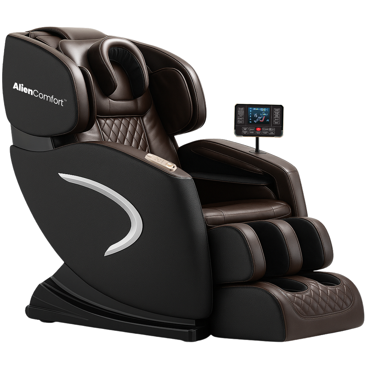AlienComfort Design Massagestoel EOS Donkerbruin vooraanzicht elegant