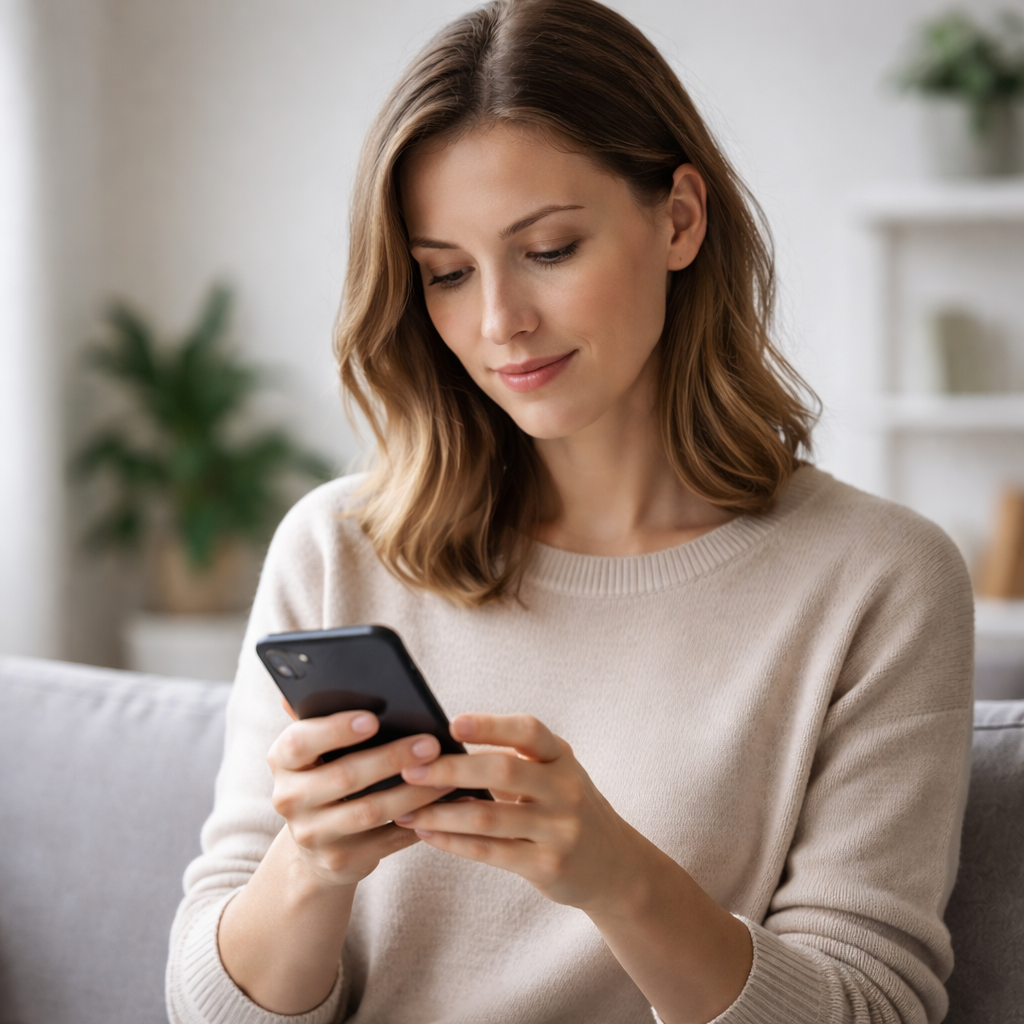 AlienComfort Kunde auf der Couch mit Smartphone, der über WhatsApp oder Chat Kontakt zu Massagesessel aufnimmt
