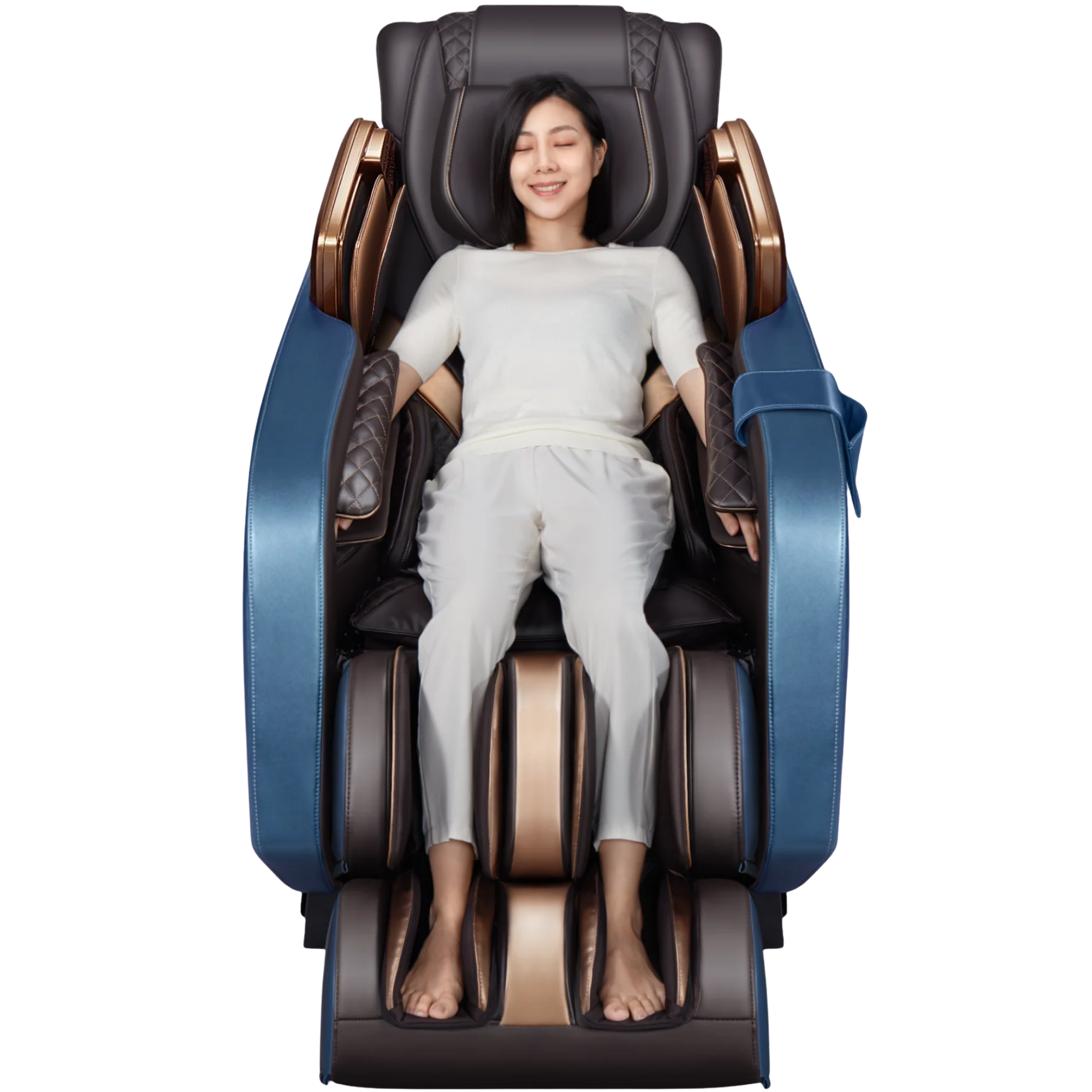 AlienComfort ROTAI therapeutische massagestoel blauw goud vooraanzicht luxe design