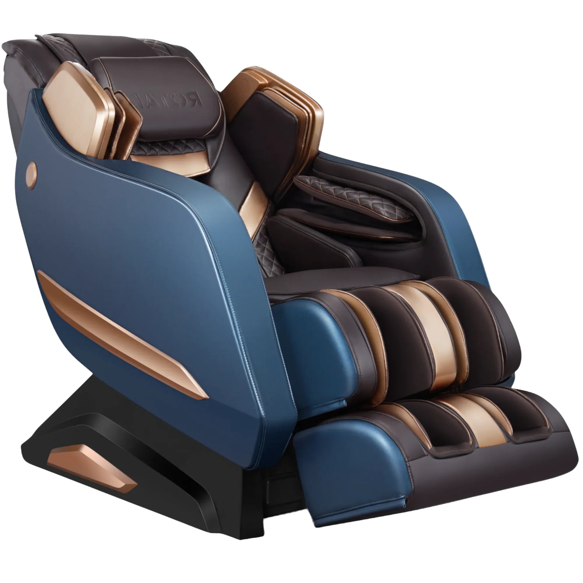 AlienComfort ROTAI massagestoel blauw goud zijaanzicht ergonomische full‑body massage stoel