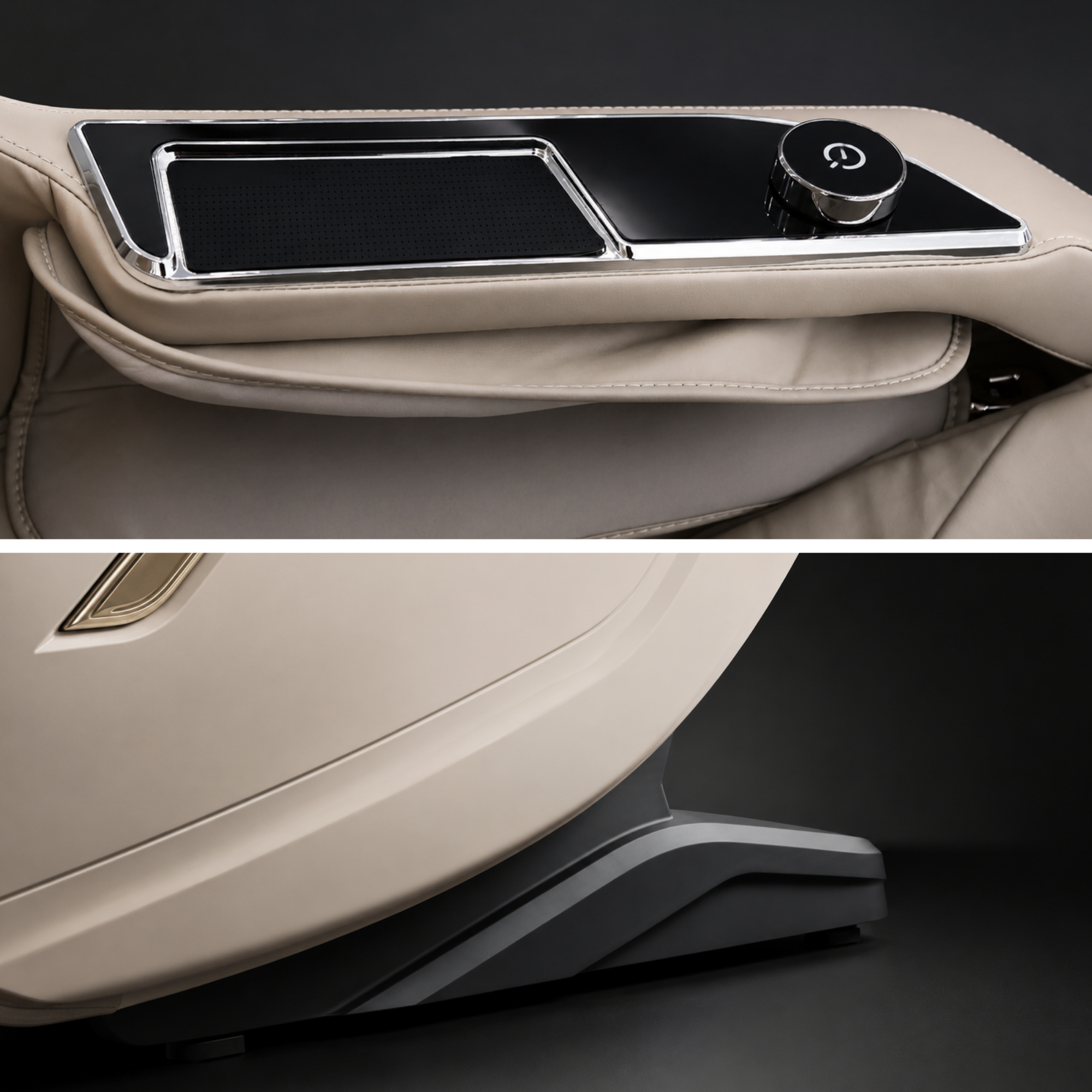 Detailfoto van het bedieningspaneel en de armleuning van de PULSAR PRO massagestoel in champagne