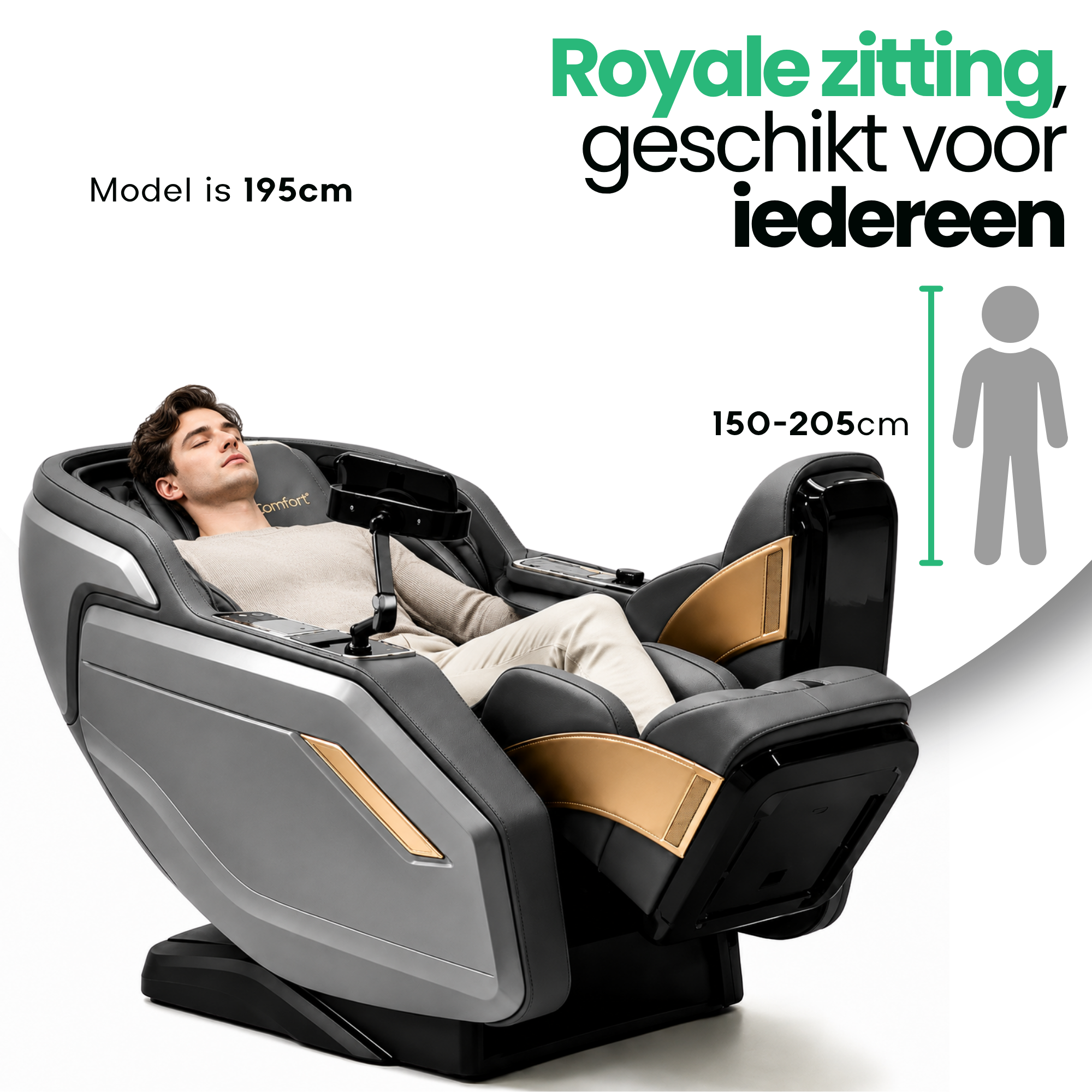 Infographic met man in de massagestoel over de royale zitting geschikt van 150 tot 205 cm