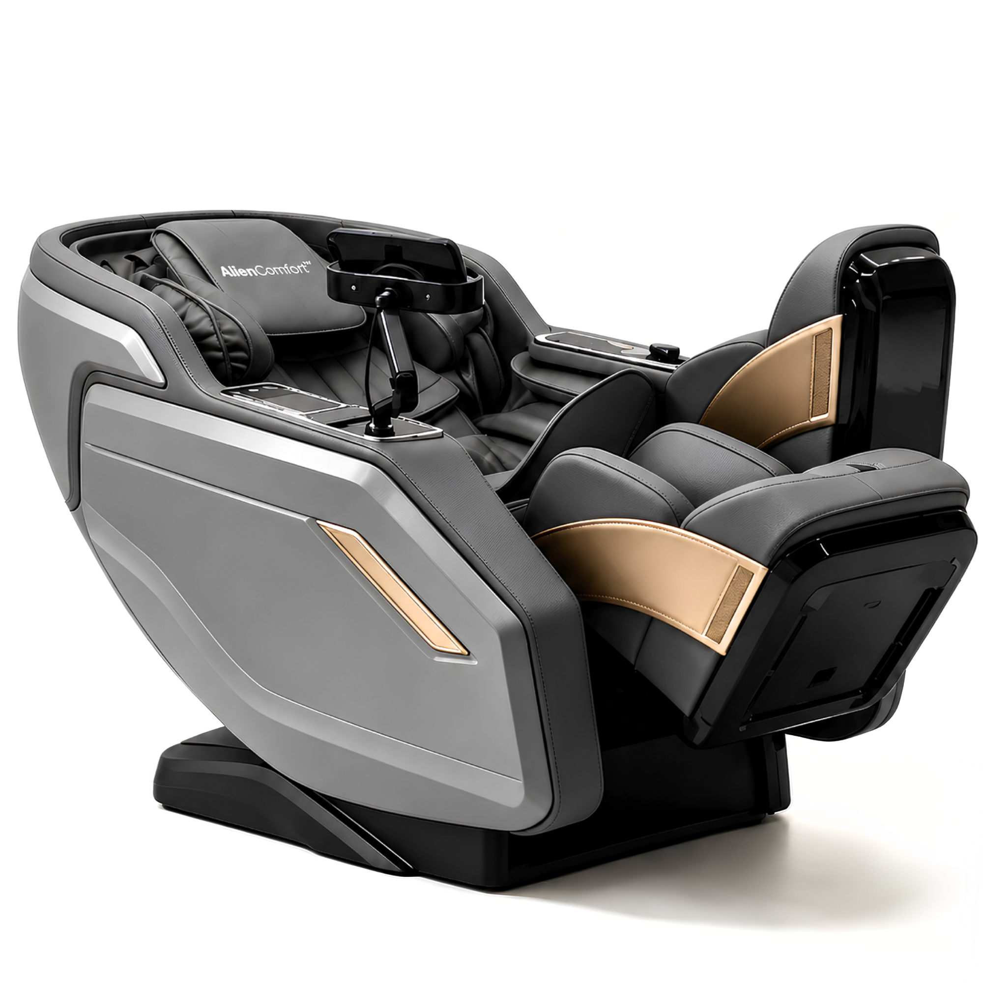 AlienComfort PULSAR PRO massagestoel grijs, zijaanzicht in ligstand met uitgeklapte voetsteun